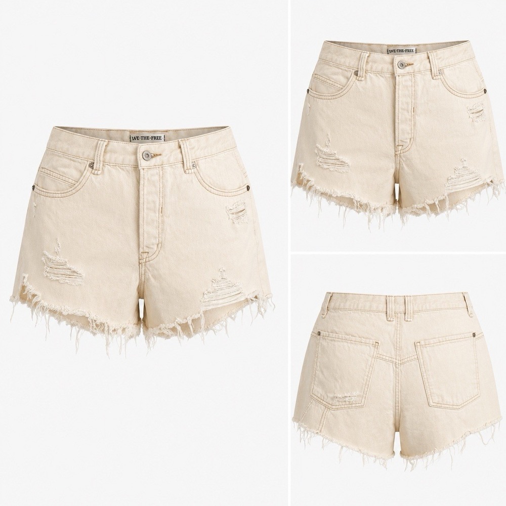We The Free Cream Distressed Denim Shorts Raw Hem Boho Festival sz 27